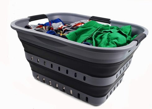 SAMMART 30L (8 Gallon) Collapsible 3 Handled Plastic Laundry Basket - Foldable Pop Up Storage Container/Organizer - Space Saving Hamper/Basket (Gr...