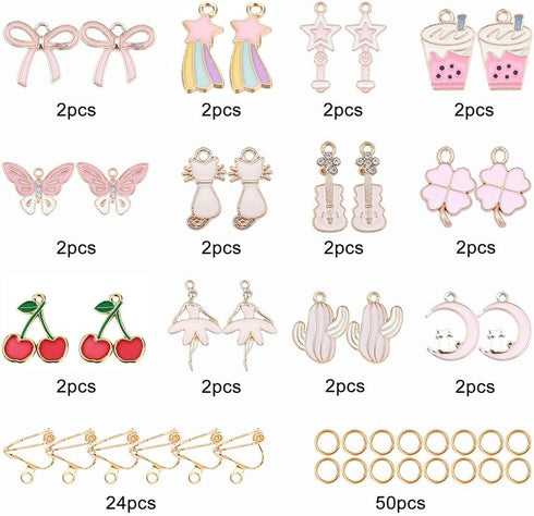 SUNNYCLUE 1 Box DIY 12 Pairs Clip On Earrings Pink Themed Clip On Earring Making Kit for Little and Women Jewelry Making Supplies...