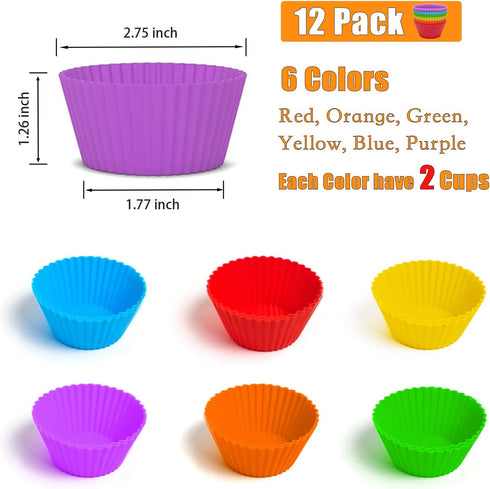 Silicone Baking Cups Round 12 Pack 2.75 inches Cups, Reusable Muffin Liners BPA Free, Non-stick Cake Cup Mold Set Multicolor by Mikim...