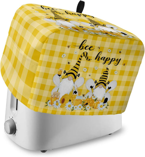 Toaster Cover 2 Slice, Bee Honey Gnomes Daisy Flower on Yellow White Buffalo Plaid Bread Maker Cover Toaster Dust Cover with Pockets, Dust-Proof C...