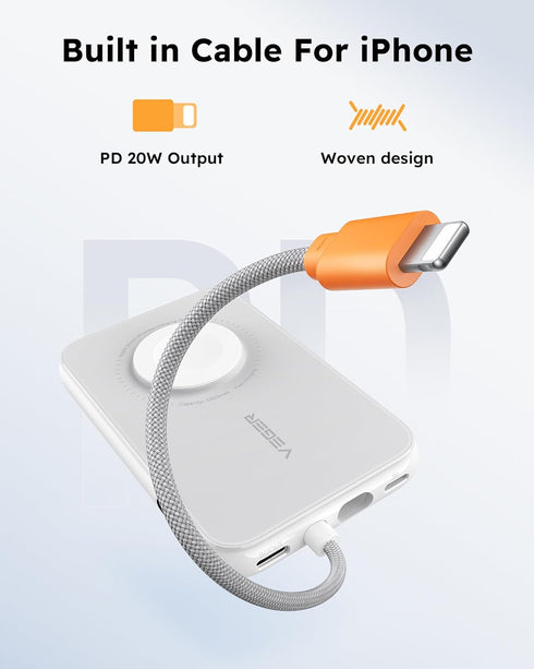 VEGER Portable Charger for iPhone with Built in Cable, 5000mAh Mini Power Bank Battery Pack, PD 20W Fast Charger Travel Essential Compatible with ...