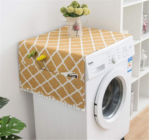 Ammsochy Washing Machine Cover Dust Oil Proof Dryer Top Loader Cloth with Side Storage Pockets Cotton Linen Kitchen Refrigerator Appliance Protector (Yellow Rhombus)