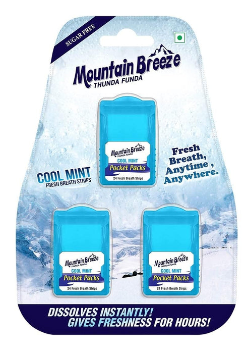 Mountain Breeze Oral Hygiene Mouth Freshener Sugar Free Cool Mint Flavoured Breath Strips (24 Strips each Cassatte)-Pack of 1(3 Cassette) NEW...
