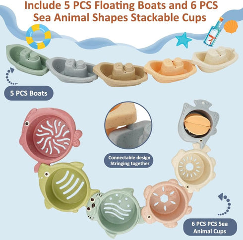 Baby Bath Toys Floating Boats and Sea Animal Shapes Stackable Cups for Toddlers 1-3 | 11 PCS Mold Free Bathtub Toy for Infants 6-12 Months | No Mo...
