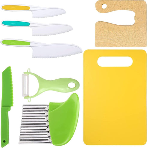 Leking 8 Pcs Wooden Kitchen Knife Set for Kids - Includes Safe Knives, Serrated Plastic Knives, Potato Slicers, Sandwich Cutter, Peeler and Cuttin...