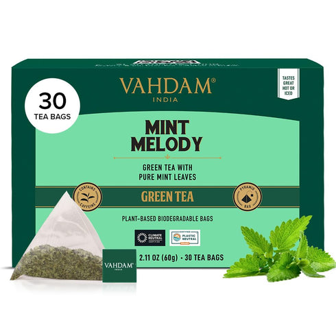VAHDAM, Mint Green Tea Bags (30 Count) 100% Pure Leaf Tea, High Grown, Low Caffeine, Non GMO, Gluten Free | Individually Wrapped Plant-Based Pyram...