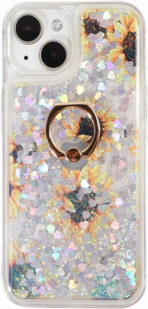 Glitter Case with Ring Holder Compatible with iPhone 15 Glitter Case Clear Ring Holder Kickstand Soft TPU Bling Girly Women Cute Liquid Holiday Ca...