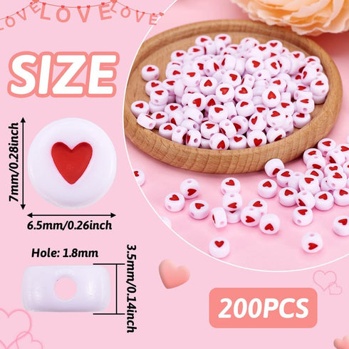 Pandahall 200pcs White Acrylic Red Heart Beads Flat Round Love Heart Disc Coin Pony Beads for DIY Word Message Initial Bracelet Spacer Charms Jewe...