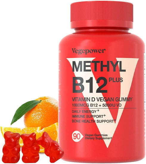 Vegan Vitamin B12 Gummies with Vitamin D - 90 Count I 1000 MCG Methyl B12 & D3 5000 IU Chewable Gummies Supplements for Adults & Kids - Supports B...