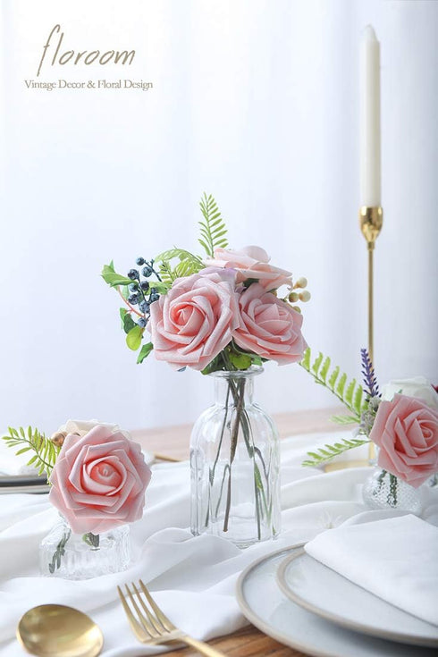 Floroom Artificial Flowers 25pcs Real Looking Shimmer Blush and Peach Foam Fake Roses with Stems for DIY Wedding Bouquets Bridal Shower Centerpiec...