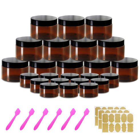 4oz Plastic Jars with Lids 4 oz Amber Plastic Containers with Lids + 20g Sample Containers (Set of 24) Airtight Container for Lip Scrub, Body Butt...