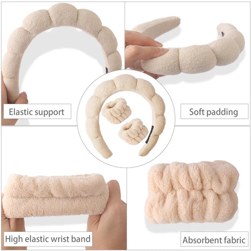 3PCS Spa Headband and Wristband Set, Sponge Headband for Washing Face Soft Puffy Headband Padded Hairband Facial Skincare Makeup Headbands for Wom...