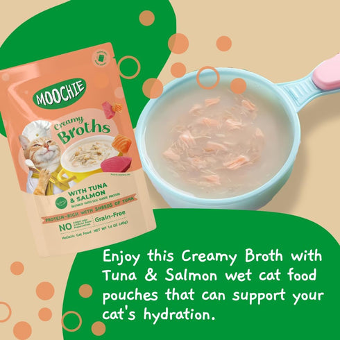 MOOCHIE Creamy Broth for Cats - Grain-Free - Made with Real Salmon & Tuna - No Artificial Flavors or Preservatives - 1.4 oz x 16 Pouches...
