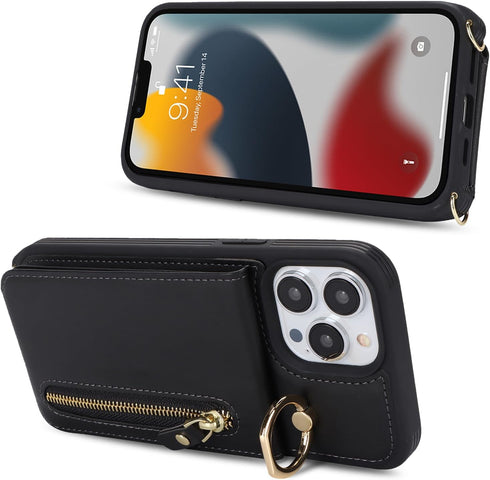 iPhone 12 pro max Case with Card Holder for Women, iPhone 12 pro max Phone Case Wallet with Strap Credit Card Slots Crossbody with Kickstand Zippe...