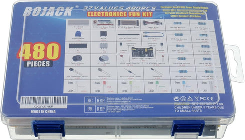 BOJACK 37 Values 480 Pcs Electronics Component Fun Kit with Power Supply Module, Jumper Wire,Precision Potentiometer,830 tie-Points Breadboard Com...