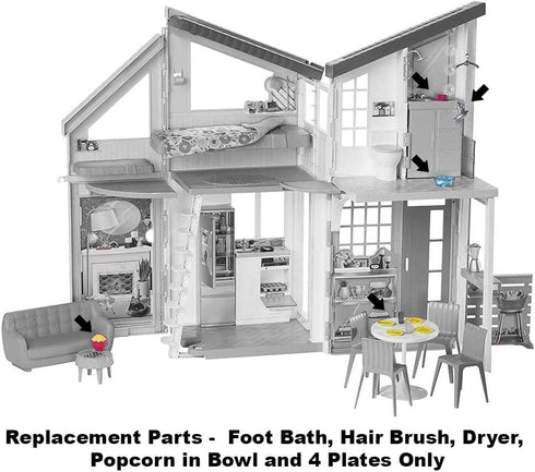 Mattel Replacement Barbie Size Foot Bath, Hair Brush and Dryer, Popcorn in Bowl and 4 Plates for Barbie Malibu Dollhouse Playset - FXG57, Yellow, ...