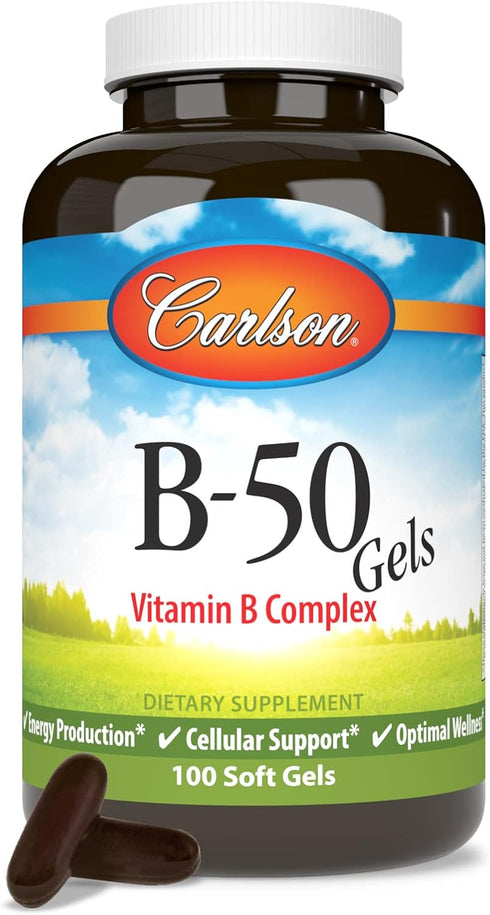 Carlson - B-50 Gels, Vitamin B Complex, Energy Production, Cellular Support & Optimal Wellness, 100 Softgels...