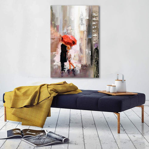 RUISHI Canvas Wall Art Modern New York Cityscape Large Romantic Painting Decor Lovers Under Red Umbrella Street Scenery Pictures for Living Room B...