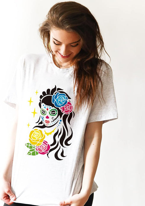 FINGERINSPIRE Women Sugar Skull Day of The Dead Stencil 11.7x8.3 inch A4 Large Size Lady with Flowers Laser Cut Reusable Airbrush Mylar Painting C...
