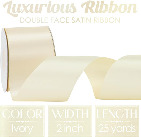 MEEDEE Ivory Satin Ribbon 2 Inch Ivory Ribbon Lux Satin Double Faced Ribbon by 25 Yards Ivory Silk Ribbon Beige Satin Ribbon for Gift Wrapping, Sa...