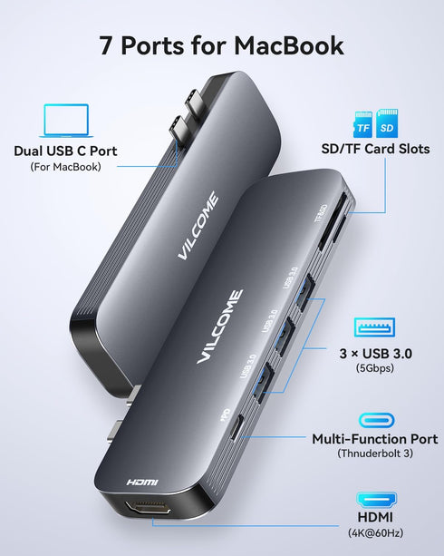 Vilcome USB C Adapter for MacBook Pro/Air M1 M2 M3 2023 2022 2021 2020 2019, 7-in-2 USB-C Hub MacBook Pro Accessories with Thunderbolt 3 PD Port, ...