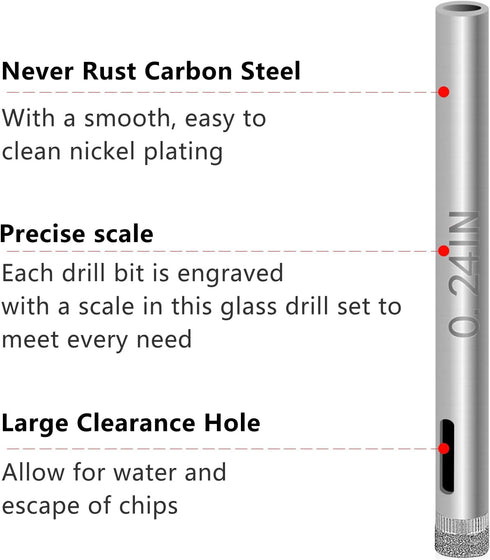 Glass Drill Bit Set, 5 pcs Diamond Drill Bits Hole Saw Bottle Extractor Remover Tool for Glass Marble Granite Fiberglass Ceramic Tile 1/4in 0.24IN...