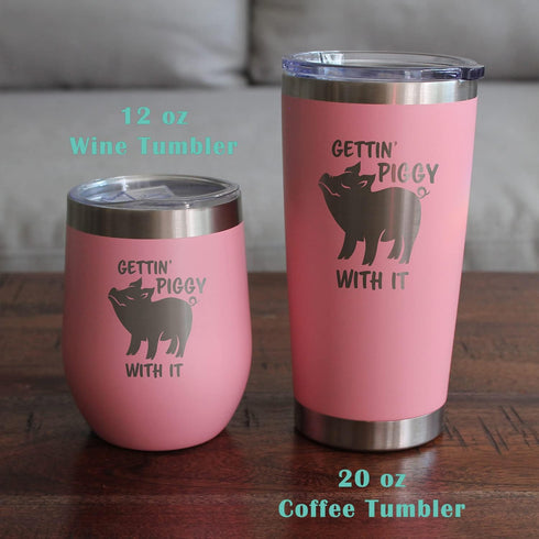 Bevvee Gettin Piggy - Wine Tumbler Glass with Sliding Lid - Stainless Steel Insulated Mug - Cute Pig Decor Gifts - Pink...