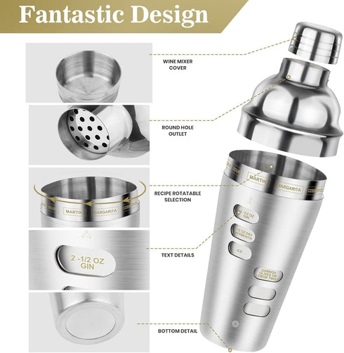 Cocktail Shaker Martini Shaker Set with Recipe, 24 oz Martini Shaker Drink Shaker Drink Mixer Stainless Steel Cocktail Shaker Set Bartender Kit...