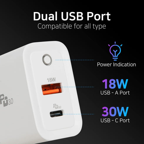 Whitestone, 30W Charger USB C Fast Charger Dual Ports Quick Charge PD Wall Charger QC 3.0 Adapter with Foldable Plug for iPhone 13 Pro Max/12 Mini...
