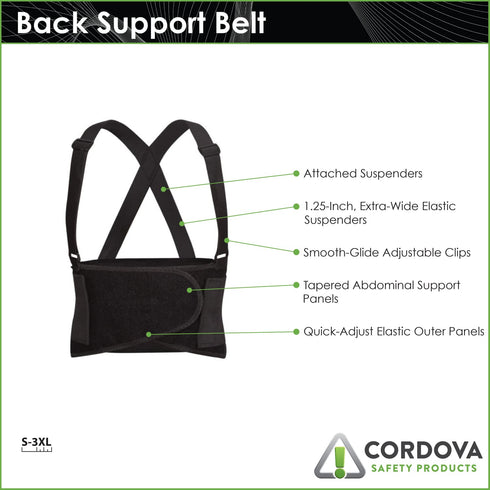 Cordova SB-M Adjustable Back Support Belt with Attached Suspenders, Medium, Black...
