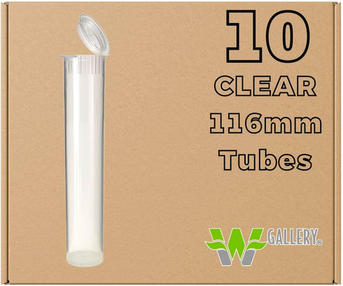 W Gallery 10 Clear 116mm OPEN CAP Pop Top Tubes - Airtight Smell Proof Containers - Plastic Medical Grade Prescription Bottles for Pills Herbs Flo...