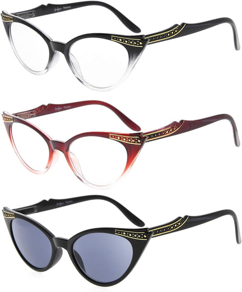 Eyekepper Womens 3 Pairs Eyeglasses Ladies' Vintage Cat Eye Eyewear, Include Sunglasses (Black Transparent/Red Transparent/Grey Lens, 0.00)...