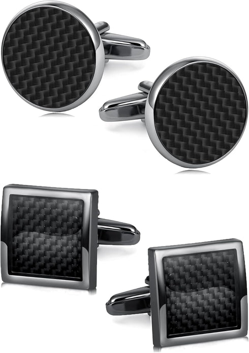 2 Pairs Classic Tuxedo Cufflinks for Men Bridegroom Flat Square Round Knot Cuff Links For Business Wedding Silver Black Tone...