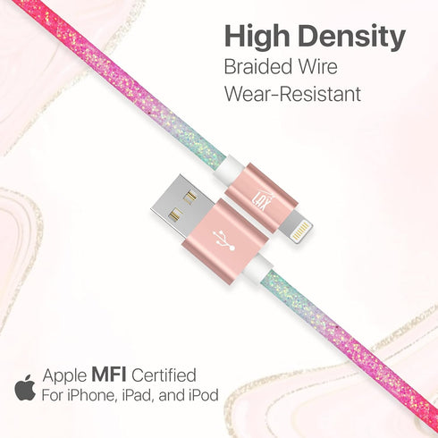 LAX Gadgets USB A to Lightning Cable - Glitter Apple MFI Certified Lightning Cable for iPhone, iPad, iPod - Durable Nylon Braided Fast Charging Ca...