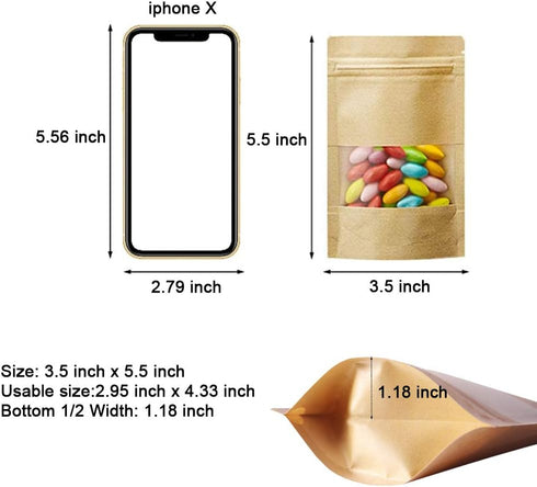 100 Pcs Resealable Stand Up kraft Paper Bags with Window for Packaging Products, Reusable Zip Lock Food Storage Pouch Bags (3.5" x 5.5")...