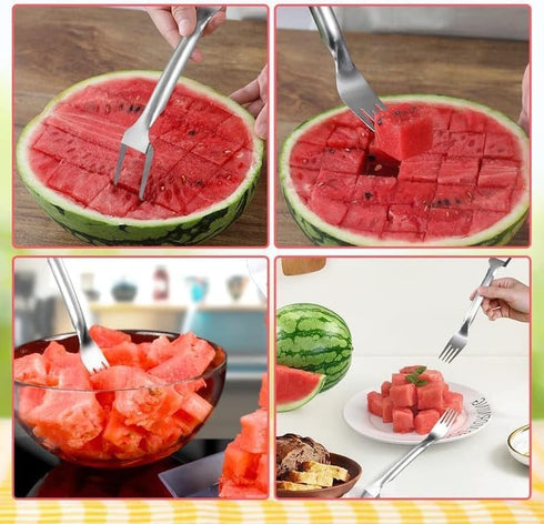 2-in-1 Stainless Steel Fruit Cutter, 2024 New Watermelon Fork Slicer Cutter Slicer Tool, Dual Head Fruit Forks Slicer Knife for Home Kitchen Gadge...