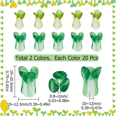 SUNNYCLUE 1 Box 40Pcs Lampwork Glass Beads Fengshui Beads Chinese Cabbage Green Vegetable Handmade Lampwork Beads Bulk Fortune Wealth New Year Goo...