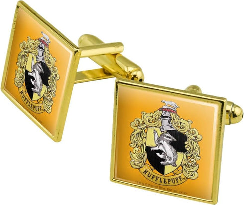 Harry Potter Hufflepuff Painted Crest Square Cufflink Set Gold Color...