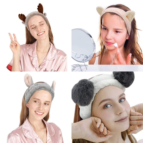 AHONEY Animals Ears Headbands, Cute Makeup Spa Fuzzy Skincare Headband for Washing Face Headband for Women Girls Coral Fleece Elastic Hair Band Co...