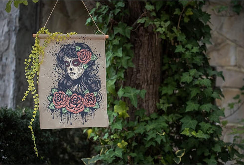 Moslion Sugar Skull Garden Flag Vertical Double Sided Gothic Lady with Day of The Dead Makeup and Blooming Red Roses House Flags Home Burlap Banne...