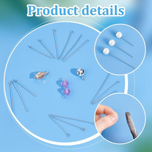 PH PandaHall 560pcs 8 Styles 304 Stainless Steel Eye Pins 30mm 40mm 50mm Head Pins 22 Gauge Ball Head Pin Findings Open Eye Pin for Earring Bracel...
