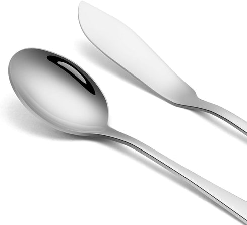 5-Piece 18/0 Stainless Steel Serving Set,Large Hostess Set with Round Edge,Mirror Finished,Dishwasher Safe -Spoons, Forks,Butter Knife& Slotted Sp...