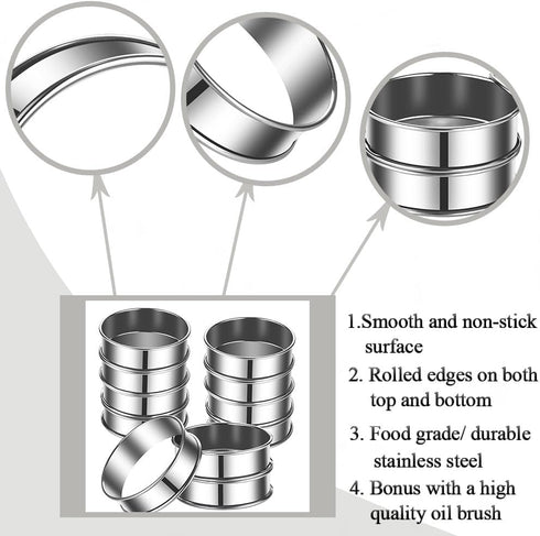 12Pack English Muffin Rings 3.15 Inch Crumpet Rings Stainless Steel Double Rolled Tart Rings, Round Metal Cooking Pastry Ring Molds for baking...