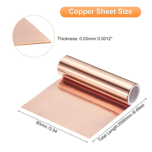 uxcell Copper Sheet Roll 2000mm x 90mm x 0.03mm, 99.9% Pure Copper Strip Copper Flashing Metal Foil Plate for Electricity DIY Projects (Multiple S...
