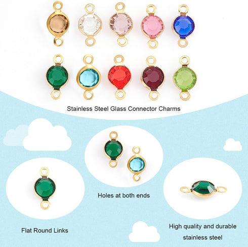 UNICRAFTALE 40pcs 10 Colors 1.5mm Hole 304 Stainless Steel Rhinestone Links Connectors Flat Round Birthstone Links Charm Glass Connector Charms Dr...
