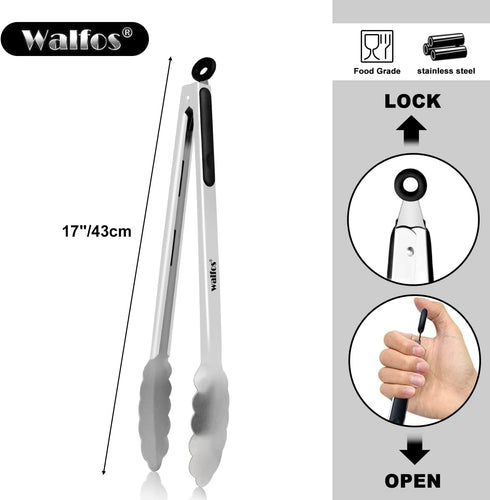 Walfos 17 Inch Extra Long Grill Tongs, Ultimate Stainless Steel BBQ Tongs for Grilling, Cooking, BBQ/Barbecue, Buffet and Turning Food...