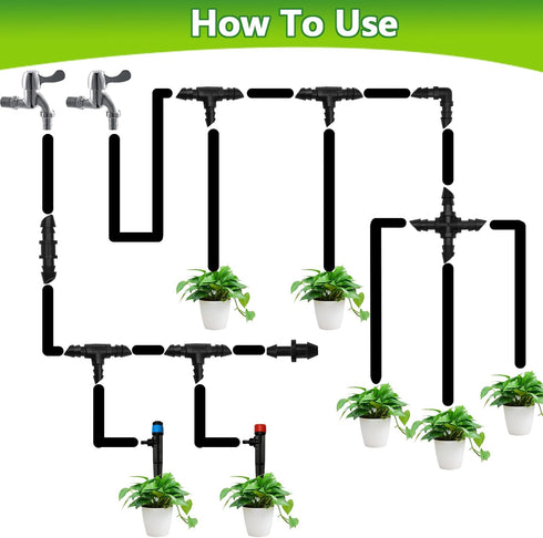 Drip Irrigation Fittings Kit for 1/4" Tubing, 130 Pieces Drip Line Connectors for Drip Systems - 40 Couplings, 30 Tees, 20 Elbows, 20 End Plugs, 2...