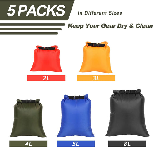 Dry Bags Waterproof Set, 5 Packs Ultralight Waterproof Bags Small Stuff Sack Water Proof Bag Dry Packs, Outdoor Dry Bag Keep Gear Dry for Backpack...