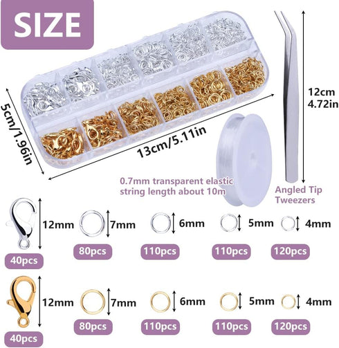 880pcs Open Jump Rings with Lobster Clasps and Tweezers, 4 Sizes Jump Rings Jewelry Findings Kit for Jewelry Repair Keychains and Necklace Making ...