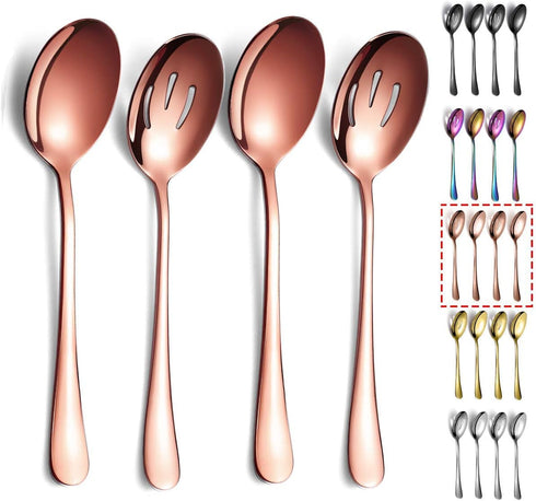 Rose Gold Serving Spoons 4 Pieces, Kyraton Titanium Plating Serving Spoon, Include 2 Serving Spoon And 2 Slotted Spoons, Stainless Steel Serving U...
